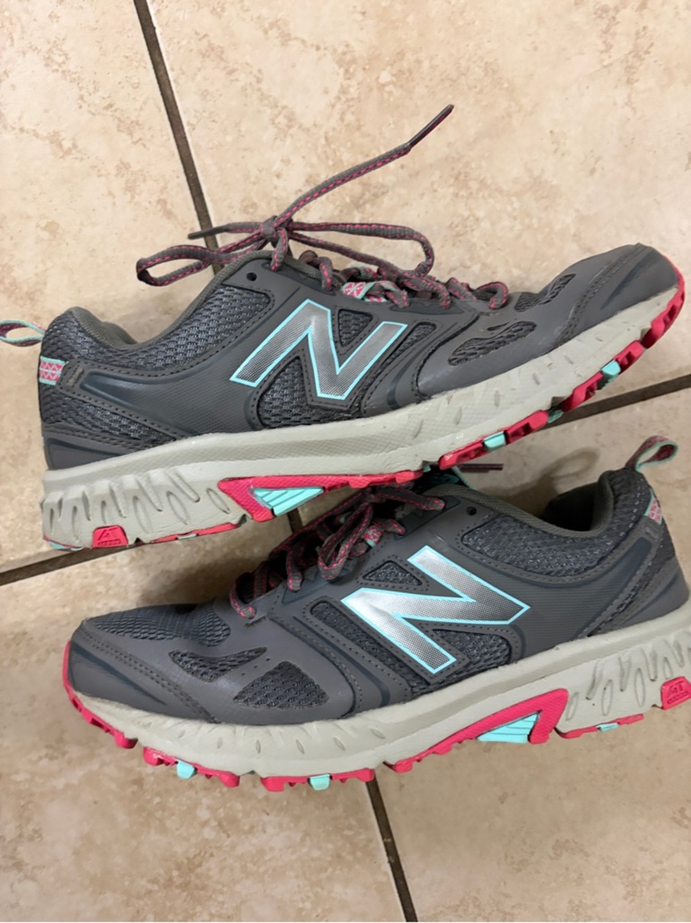 New Balance Gray Athletic Trail Shoes with Pink & Aqua Accents size 9